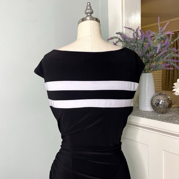 Ralph Lauren Black Striped Ruched Sheath Dress 14 Large - Picture 7 of 9